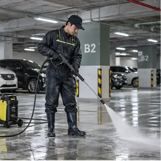 광주 주차장청소 주차면과 통행로의 묵은 오염을 장비로 제거